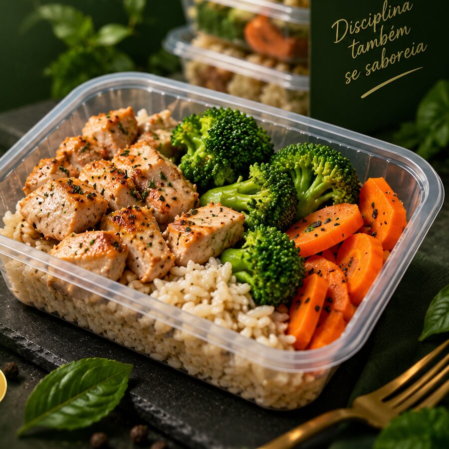 Marmita Fit Life de frango com arroz integral, brócolis e cenoura